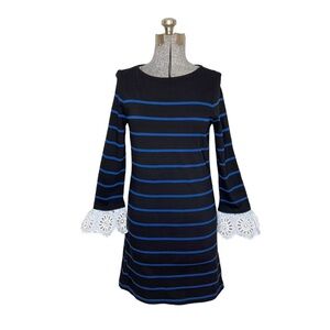 Beachlunchlounge Black & Blue Striped Flared Eyelet Cuff Solani Shirt Dress